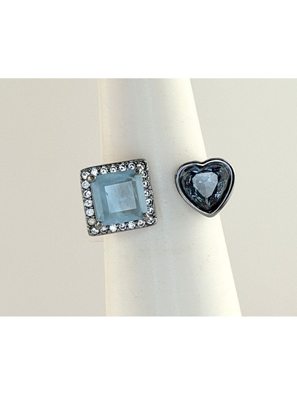 Bomb Party Ring Sz 6 "Sweetheart Bypass" Blue Topaz & Blue Spinel Hematite Heart